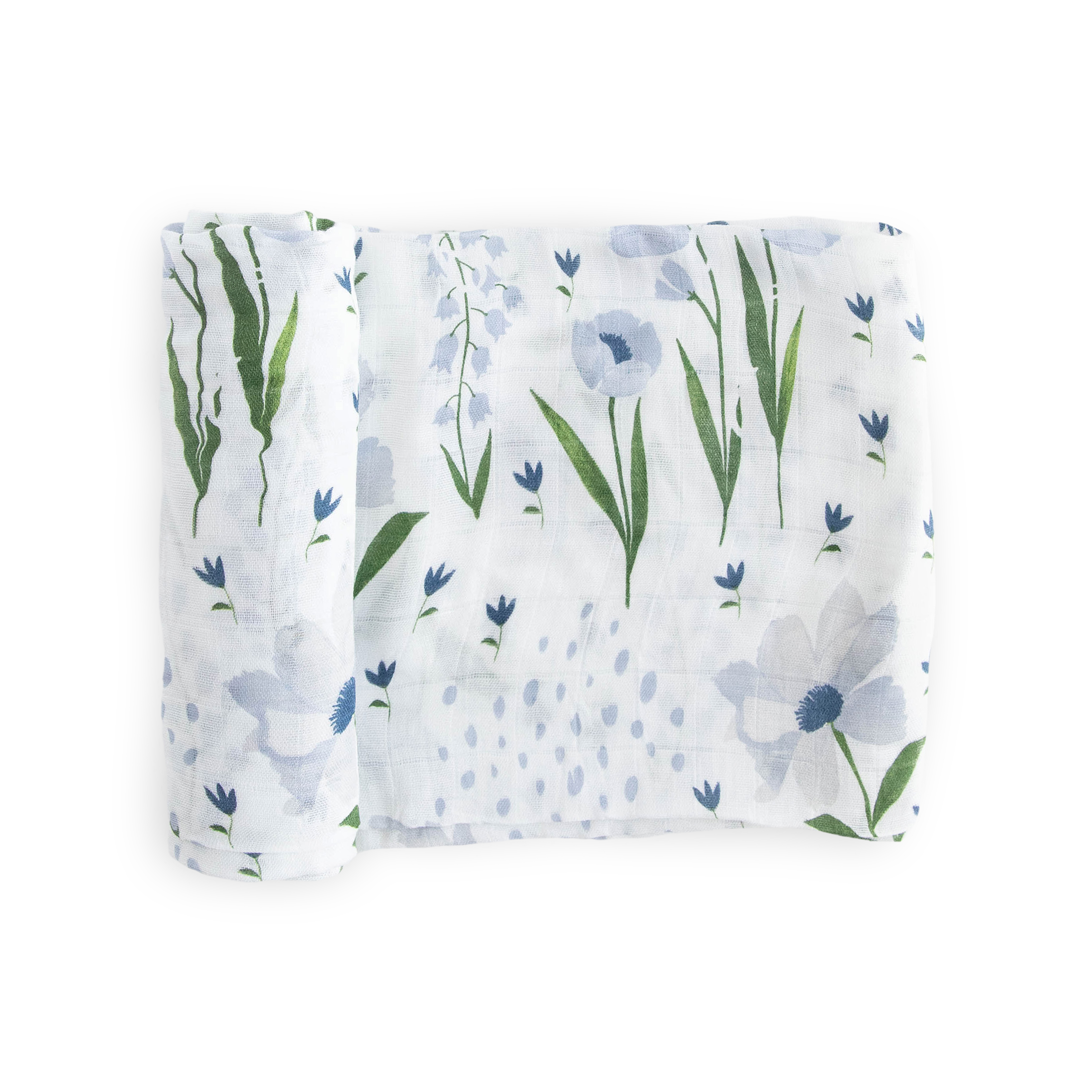 Light Blue Muslin Baby Swaddle with White Flowers