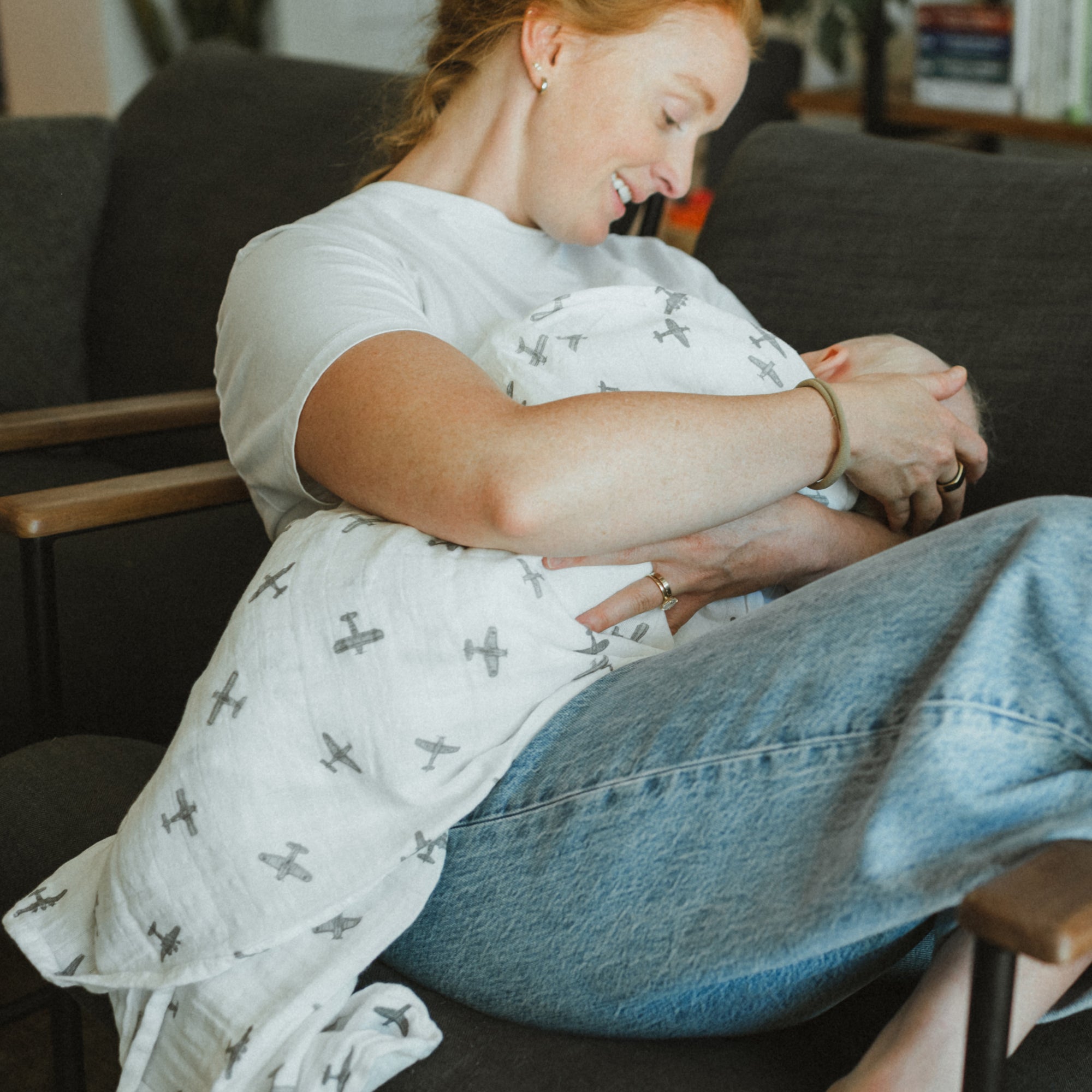 Organic Cotton Muslin Swaddle Blanket - Pewter Planes