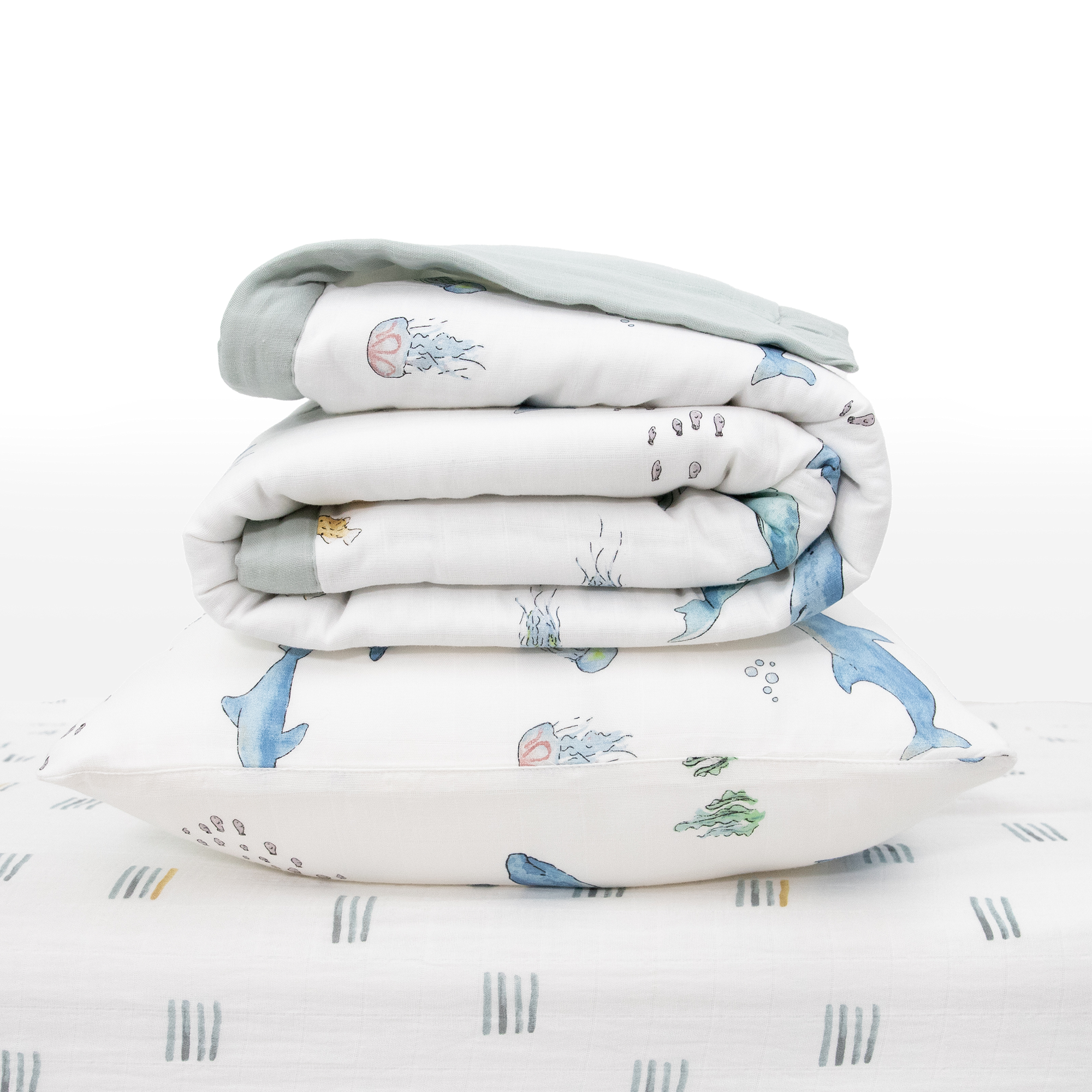 Cotton Muslin Toddler Bedding 3 Piece Set - Whales