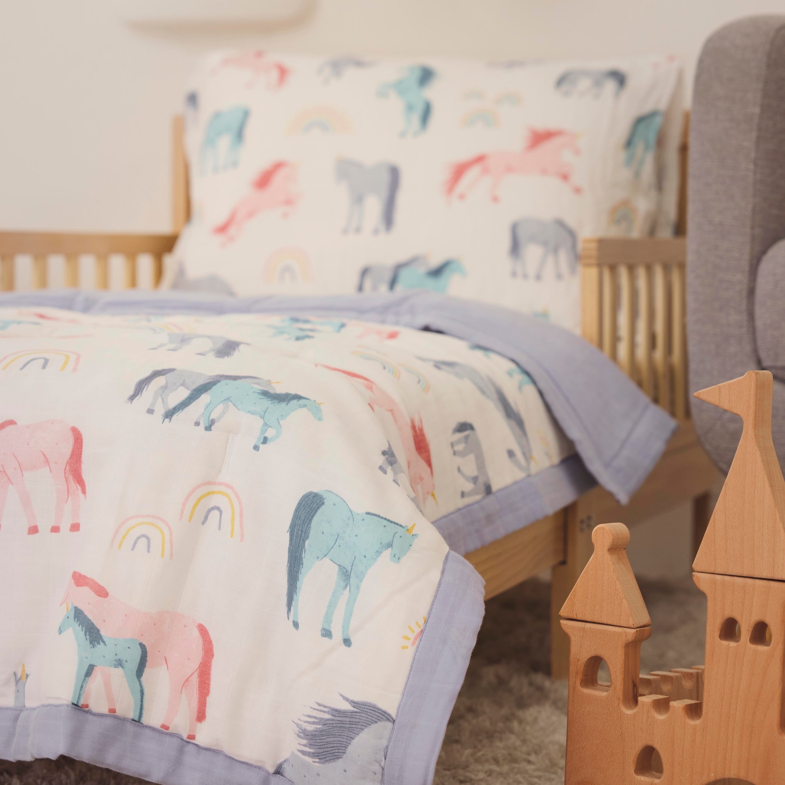 Cotton Muslin Toddler Bedding 3 Piece Set - Unicorns