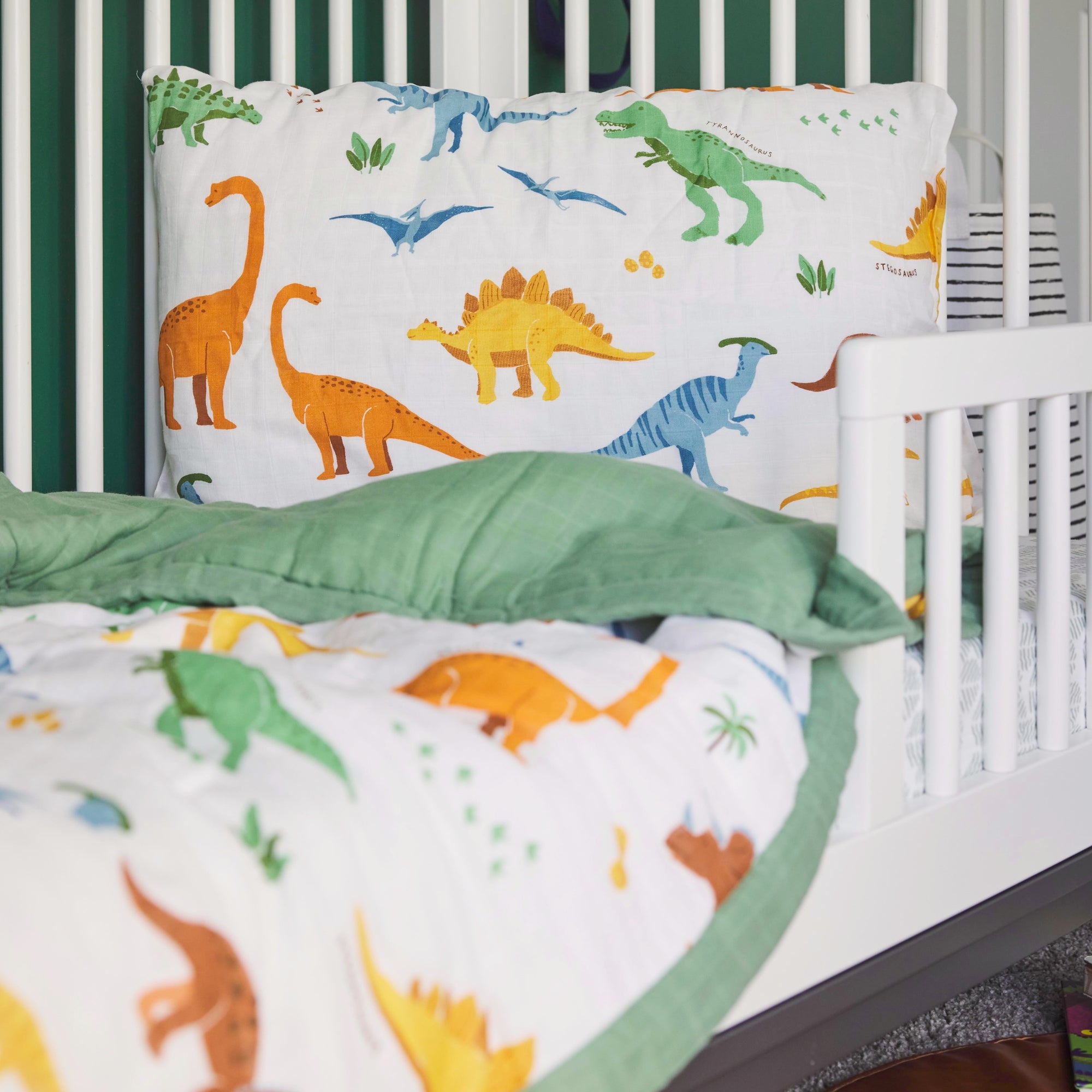 Cotton Muslin Toddler Bedding 3 Piece Set - Dino Names