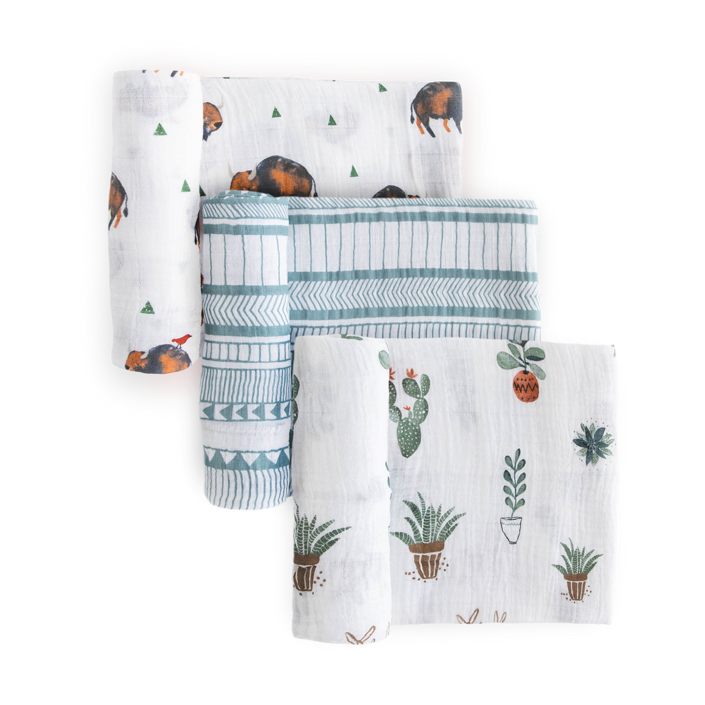 Cotton Muslin Swaddle Baby Blanket Set Bison Little Unicorn USA
