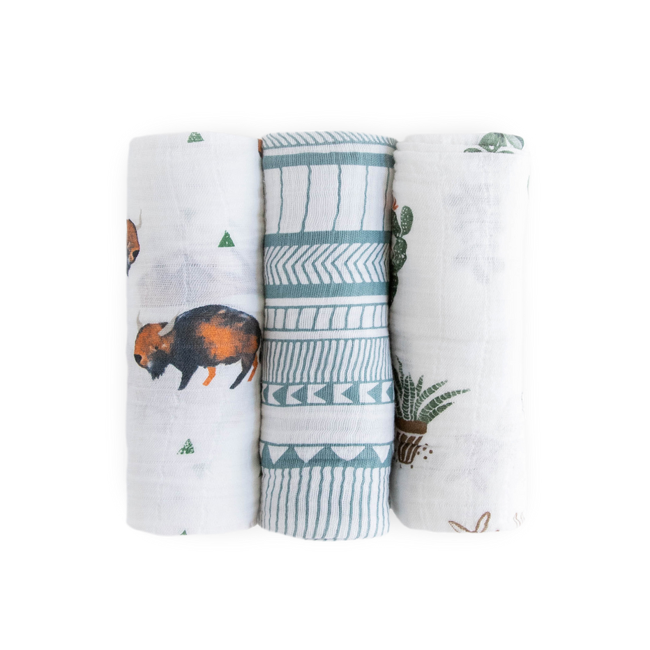 Cotton Muslin Swaddle Baby Blanket Set Bison Little Unicorn USA