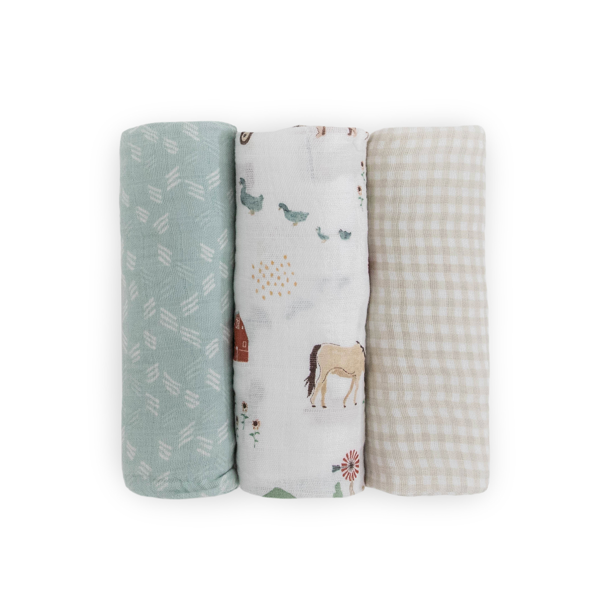 Cotton Muslin Swaddle Blanket 3 Pack - Farmyard