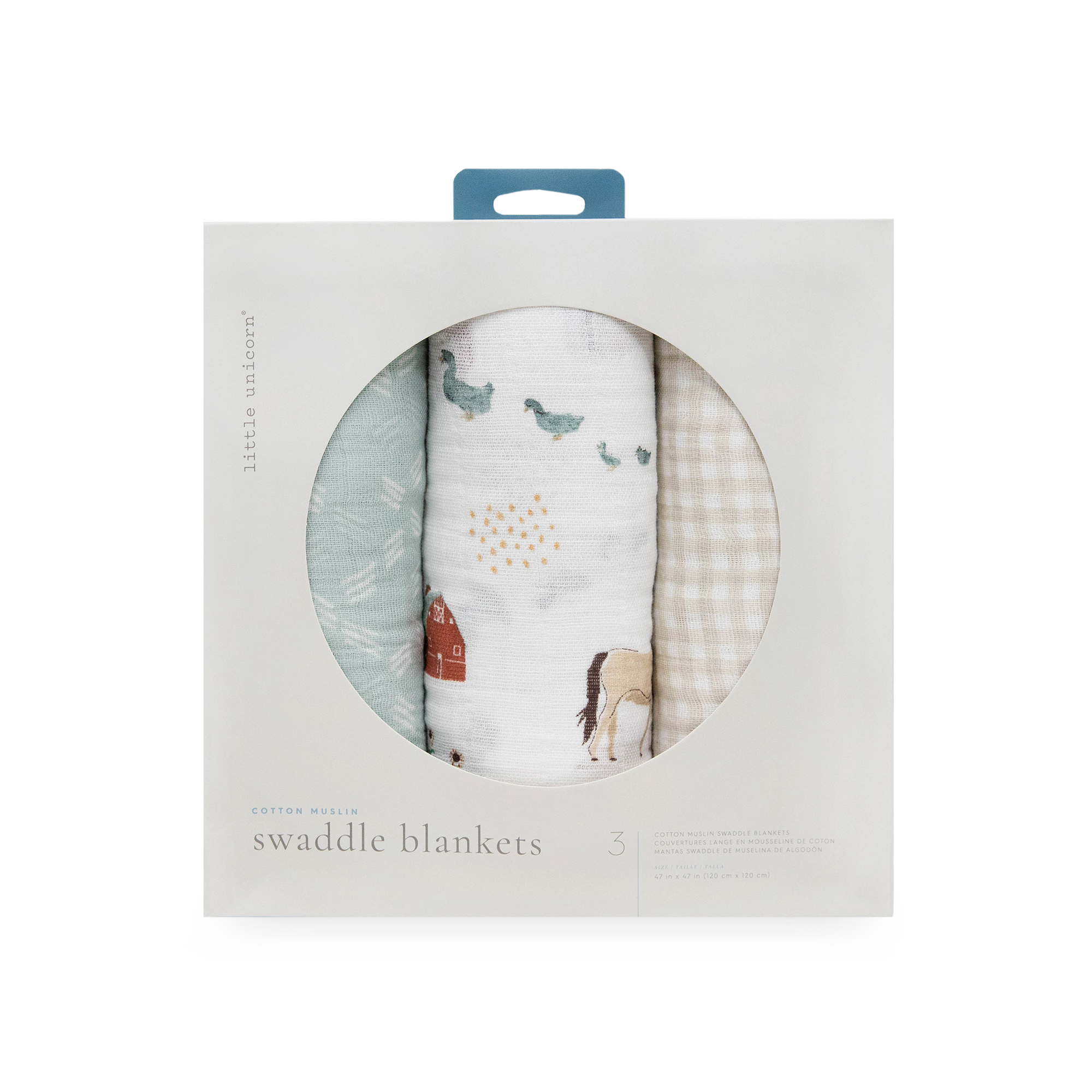 Cotton Muslin Swaddle Blanket 3 Pack - Farmyard