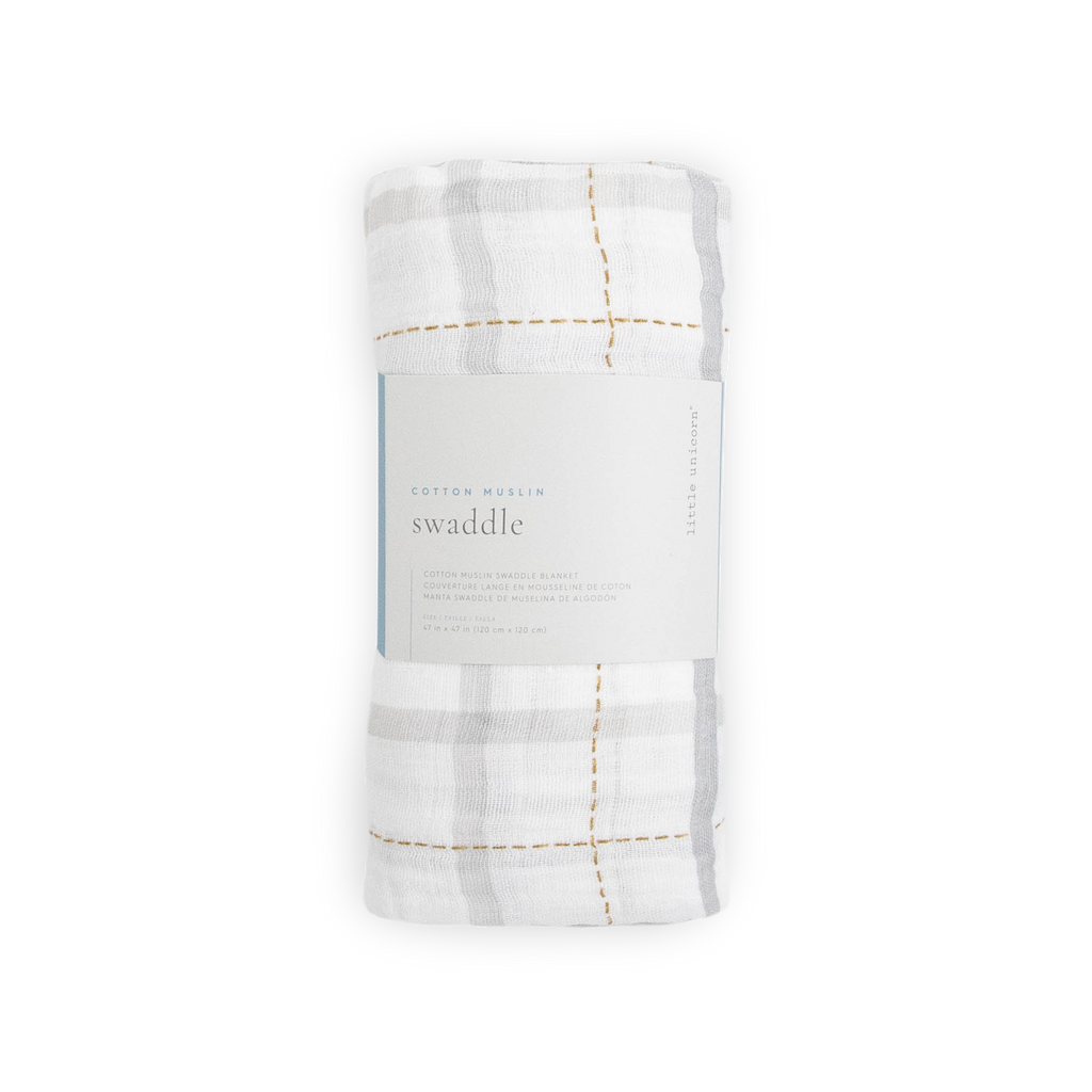 Cotton Muslin Swaddle Blanket Grey Plaid Little Unicorn USA