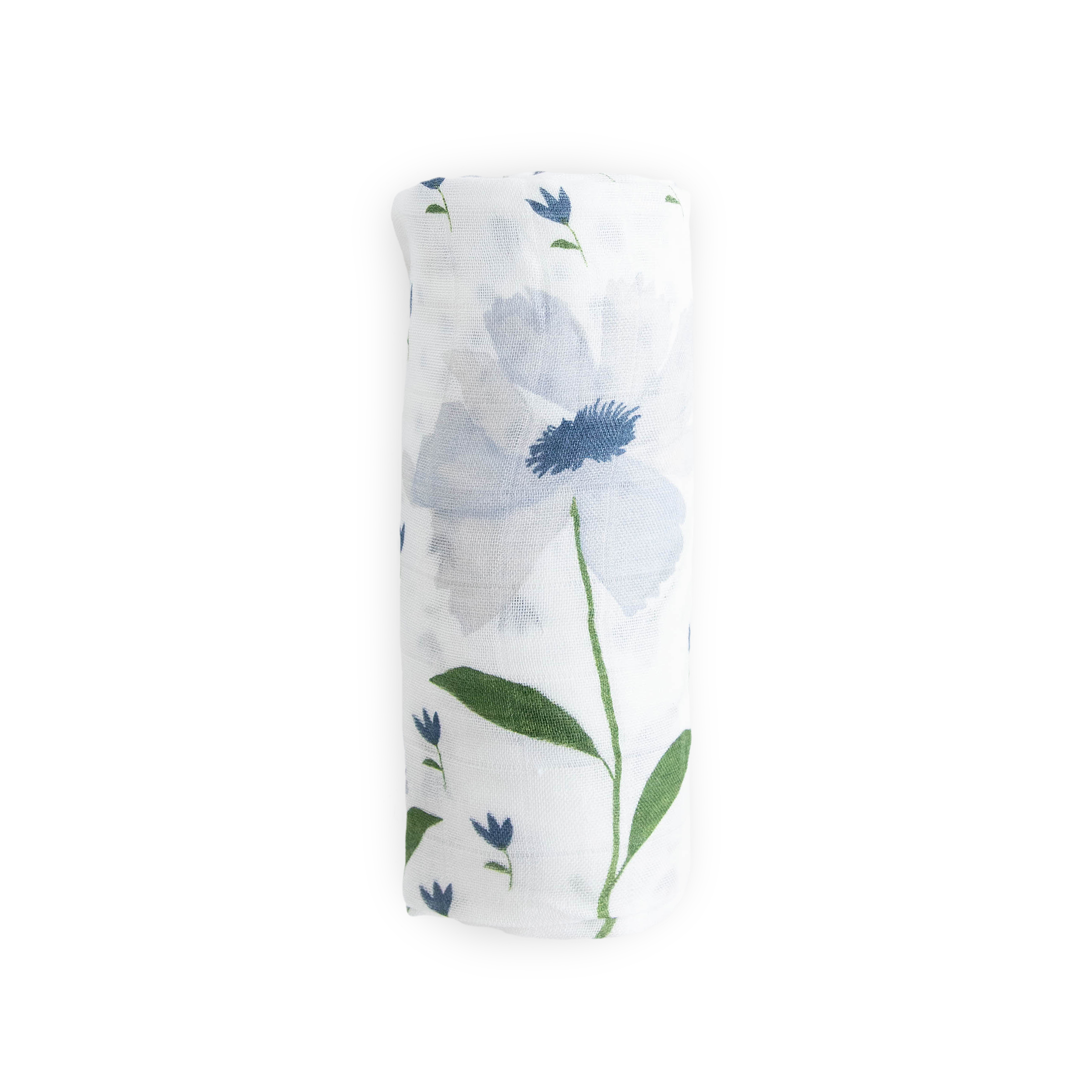 Light Blue Muslin Baby Swaddle with White Flowers