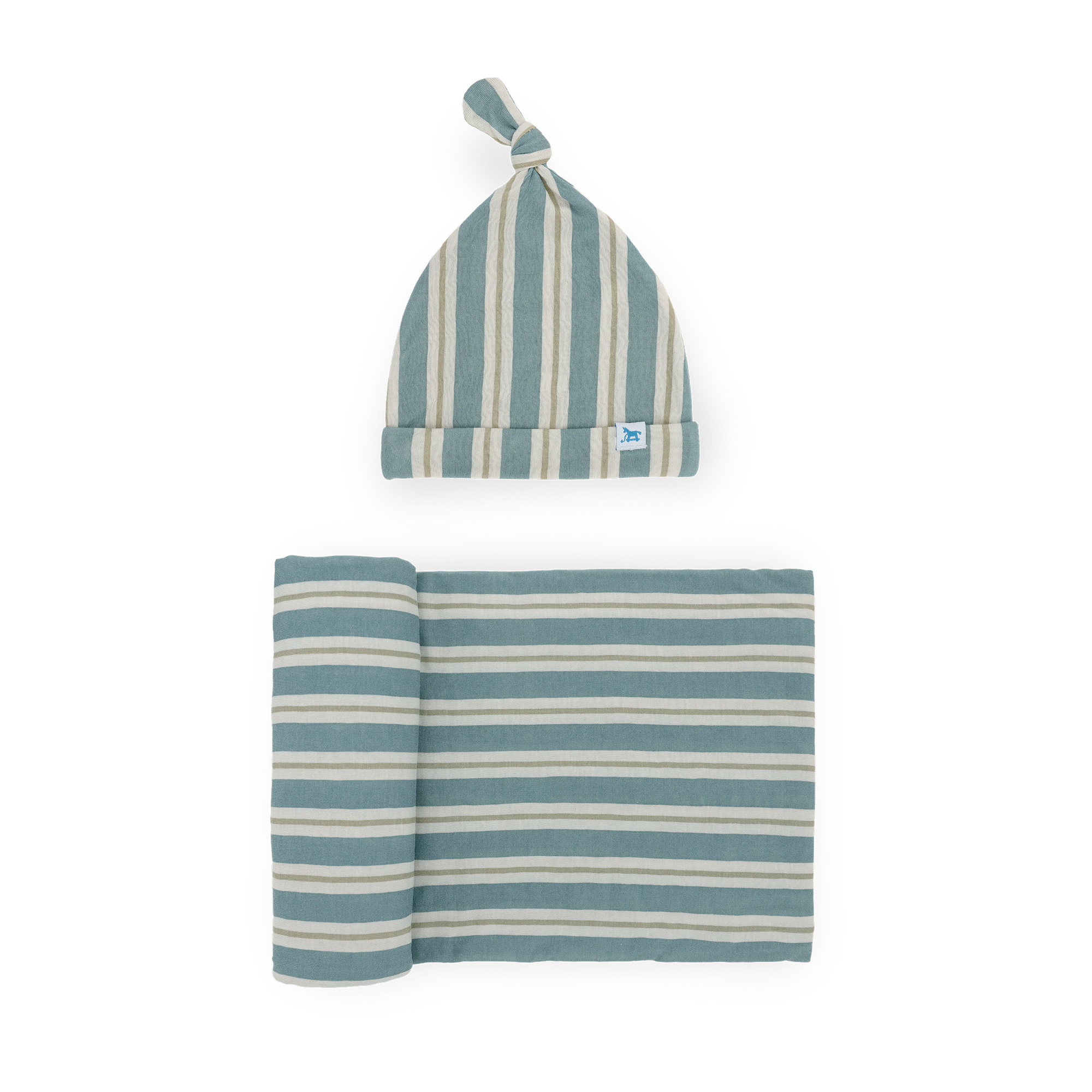 Stretch Knit Swaddle and Hat Set - Blue Vintage Stripe