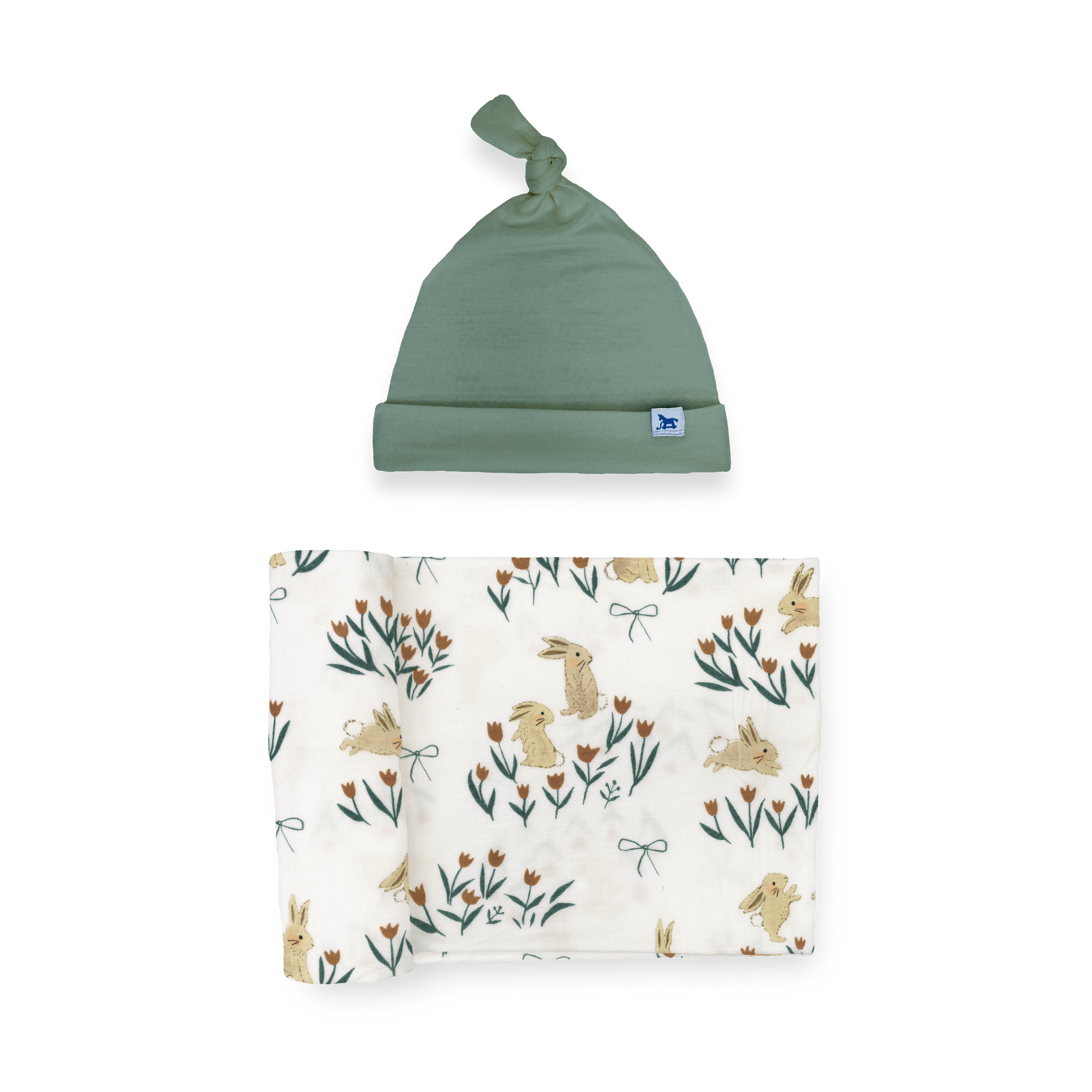 Stretch Knit Swaddle and Hat Set - Bunnies and Tulips