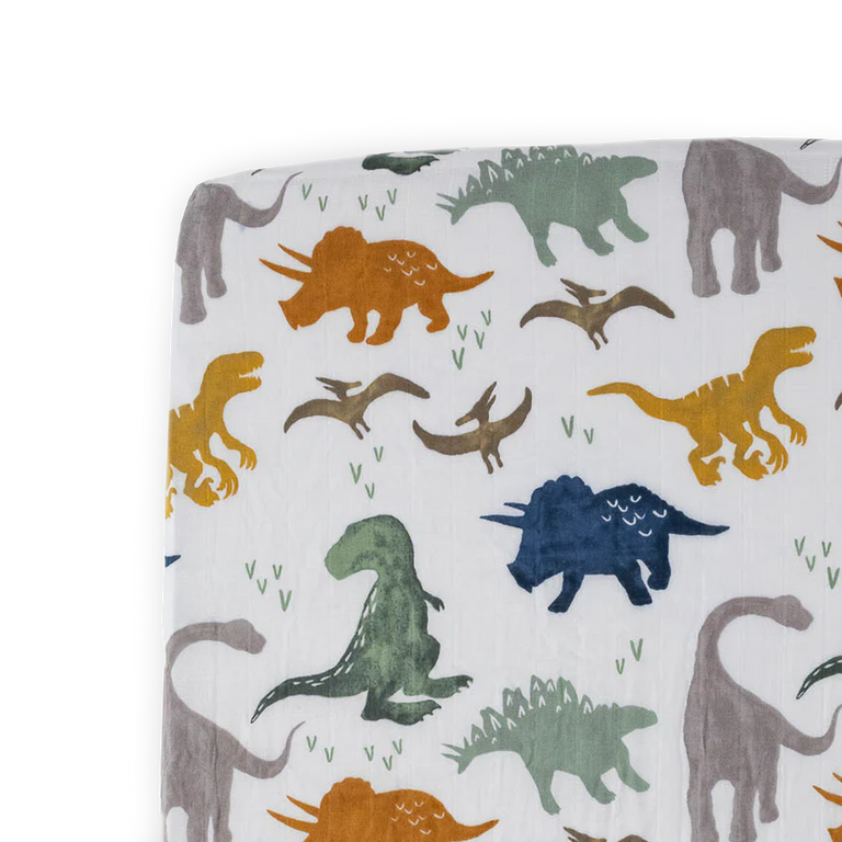 Cotton Muslin Crib Sheet - Dino Friends – Little Unicorn USA