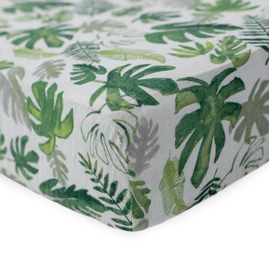 Cotton Muslin Crib Sheet Tropical Leaf Little Unicorn USA