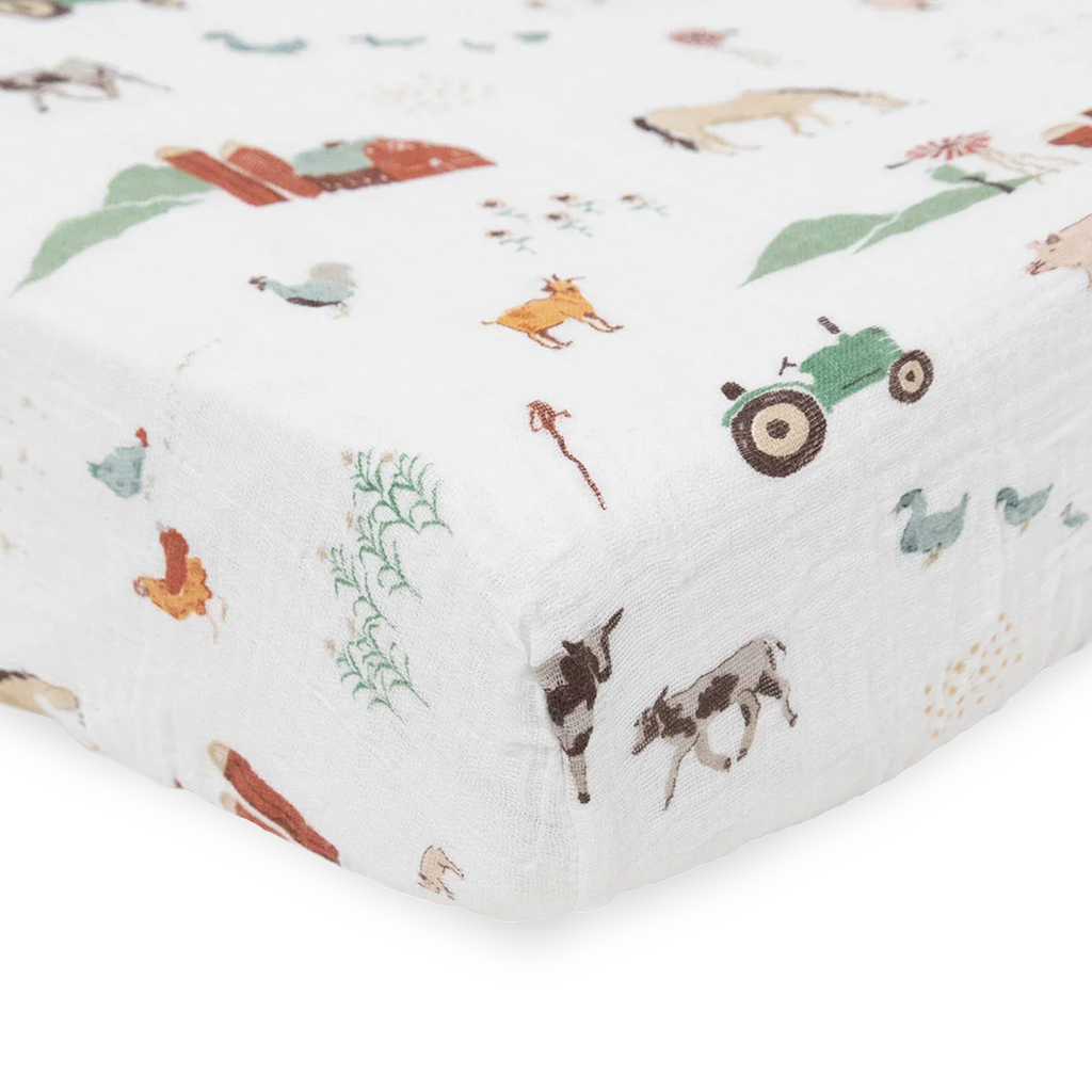 Cotton Muslin Crib Sheet Farmyard Little Unicorn USA