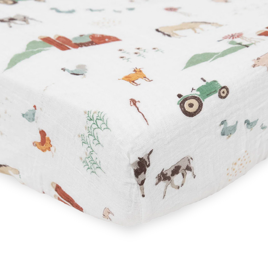 Cotton Muslin Crib Sheet Farmyard Little Unicorn USA