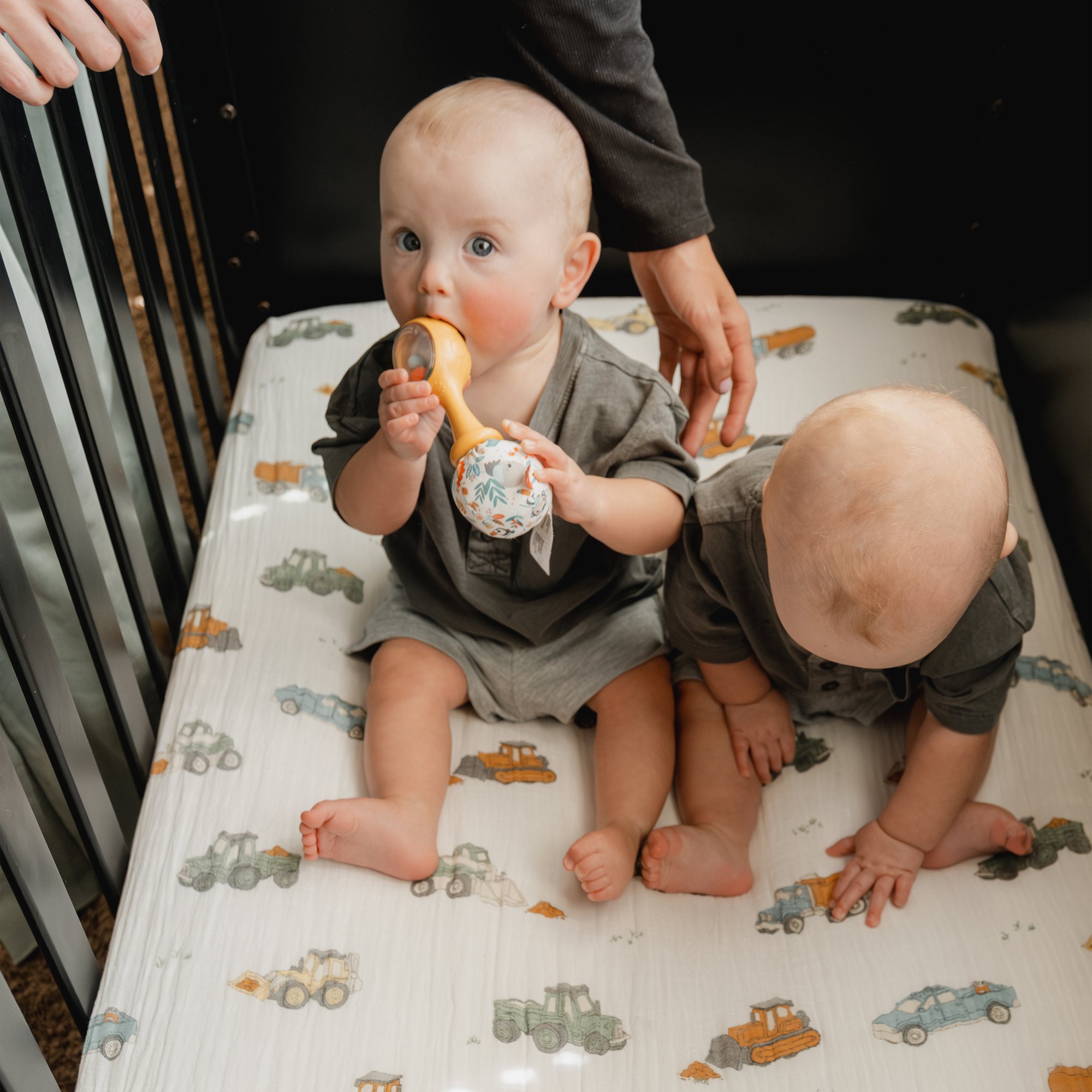 Cotton Muslin Crib Sheet - Work Trucks