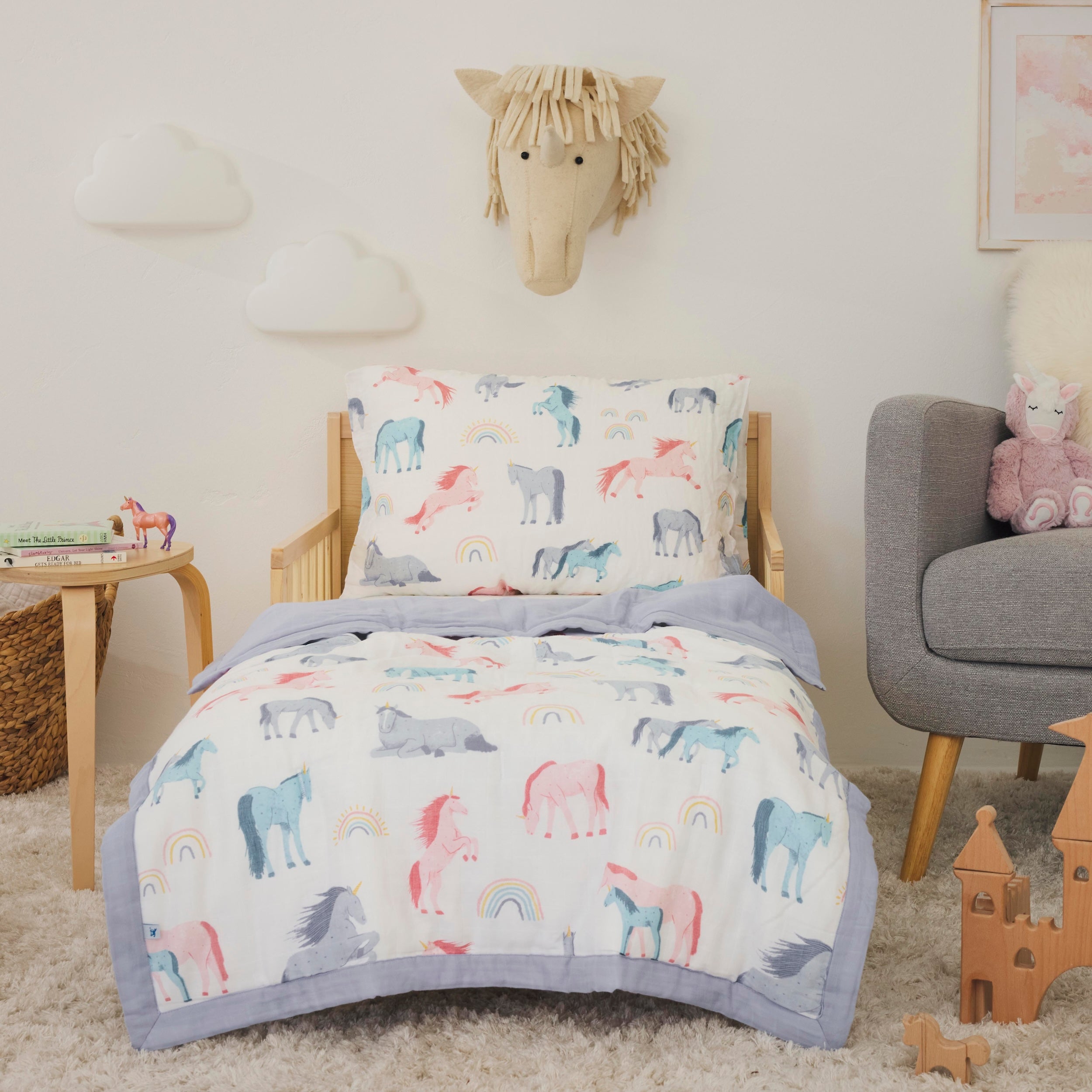 Cotton Muslin Toddler Bedding 3 Piece Set - Unicorns